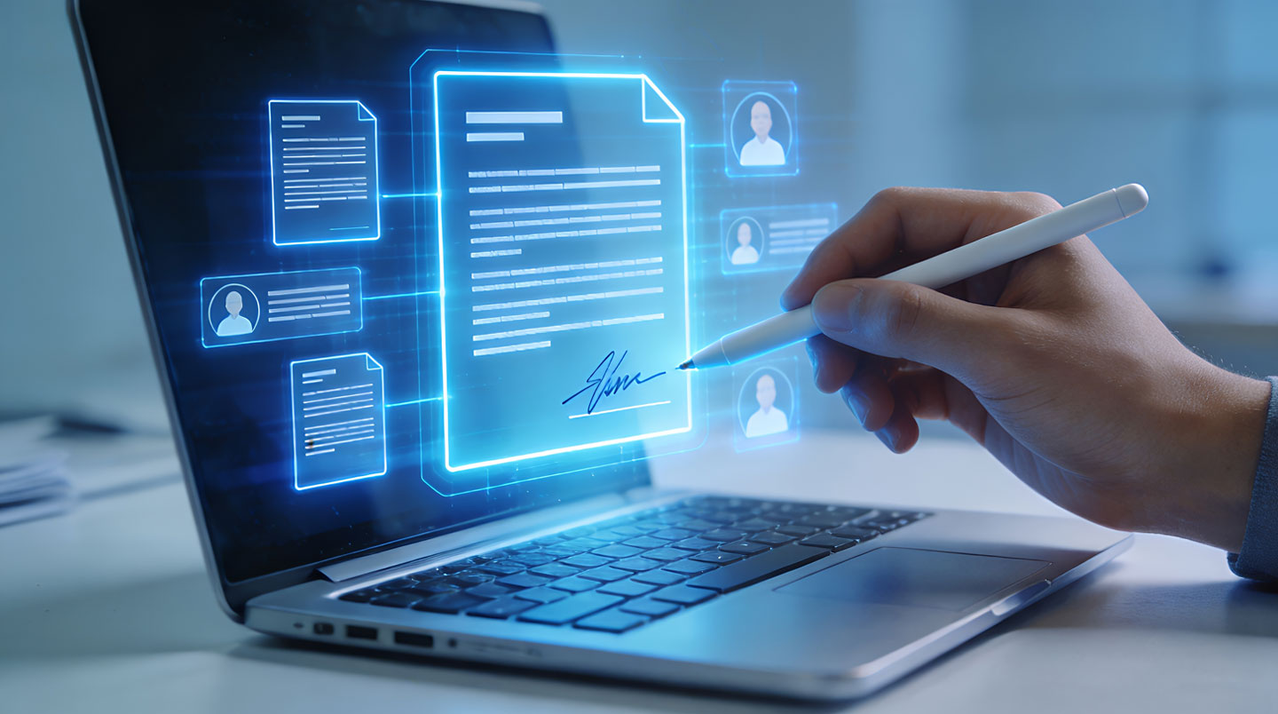 Main signant électroniquement avec un stylet une convention de compte bancaire sur tablette, texte en français lisible à l'écran
