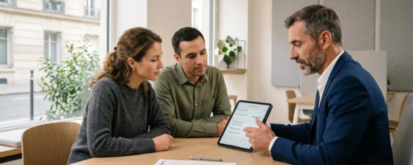Un conseiller bancaire accompagne un couple dans l'ouverture d'un compte commun en agence, tablette et documents sur le bureau, lumière naturelle, décor contemporain épuré