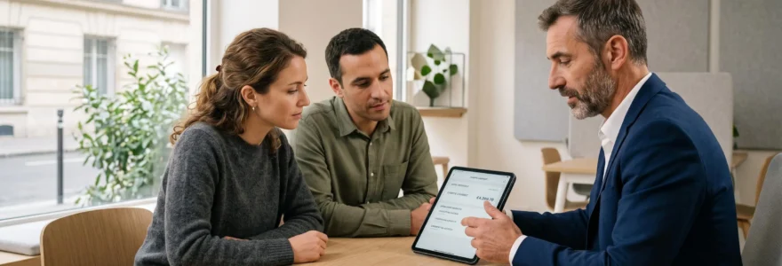 Un conseiller bancaire accompagne un couple dans l'ouverture d'un compte commun en agence, tablette et documents sur le bureau, lumière naturelle, décor contemporain épuré