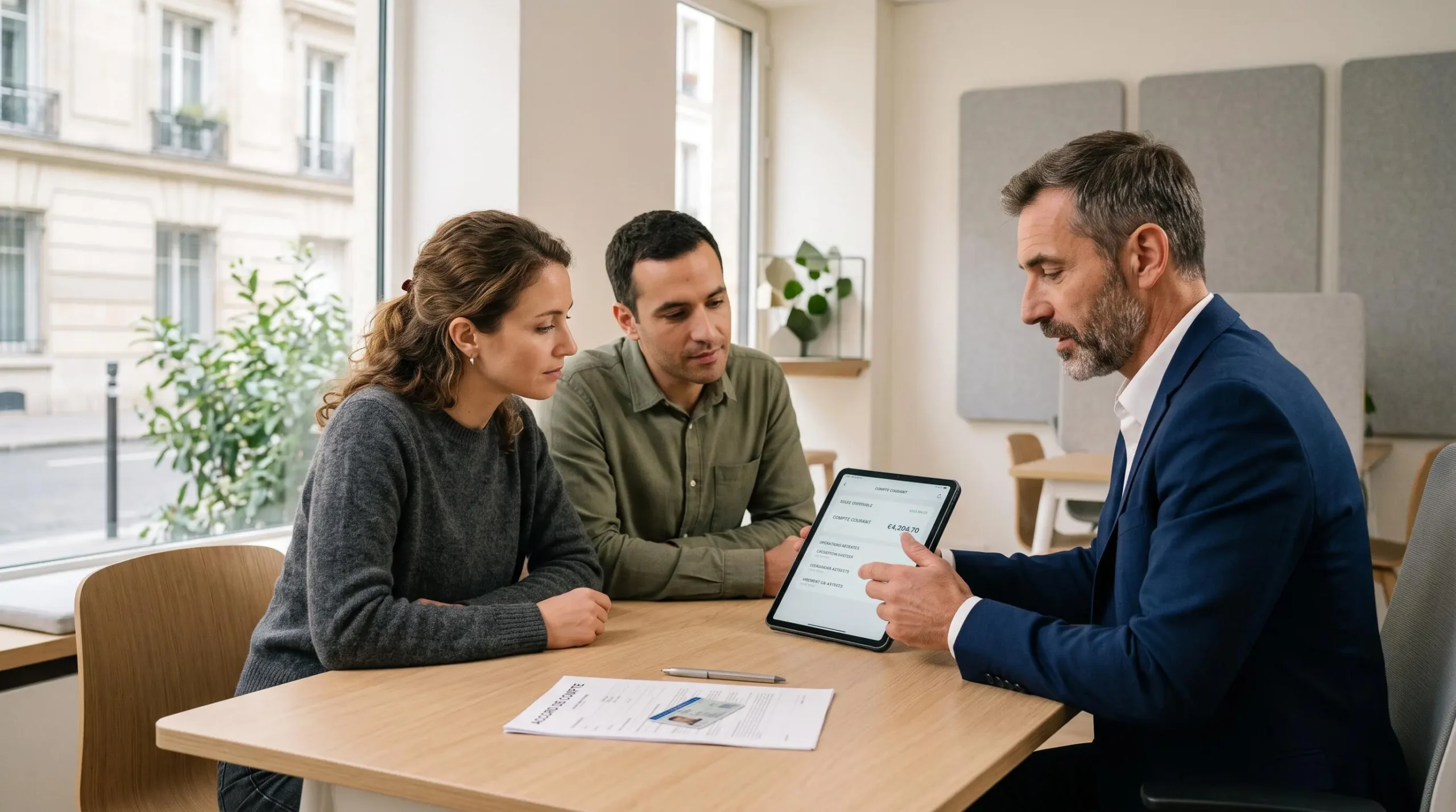 Un conseiller bancaire accompagne un couple dans l'ouverture d'un compte commun en agence, tablette et documents sur le bureau, lumière naturelle, décor contemporain épuré