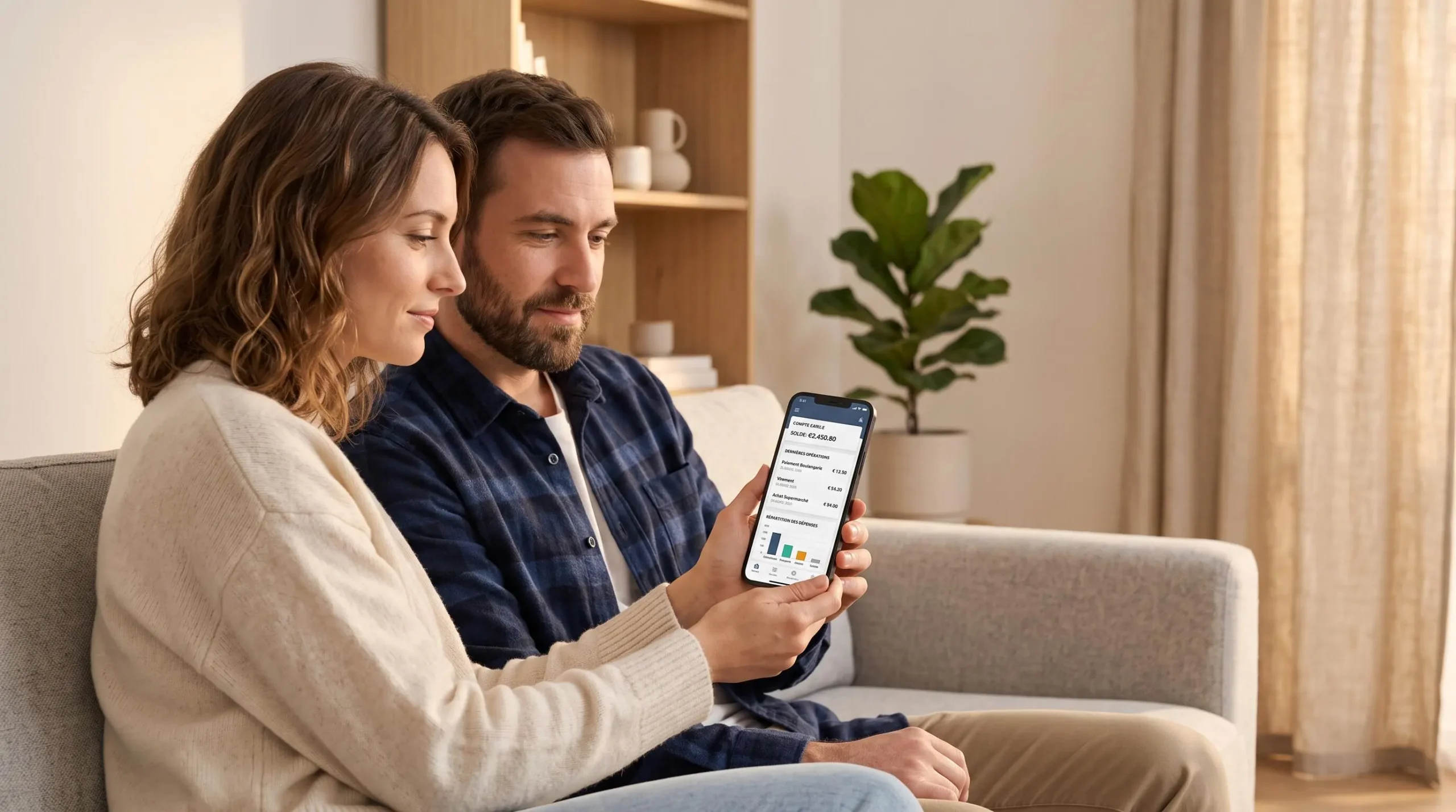Un couple consulte ensemble l'application mobile de leur compte bancaire partagé sur smartphone dans un intérieur contemporain, lumière naturelle douce
