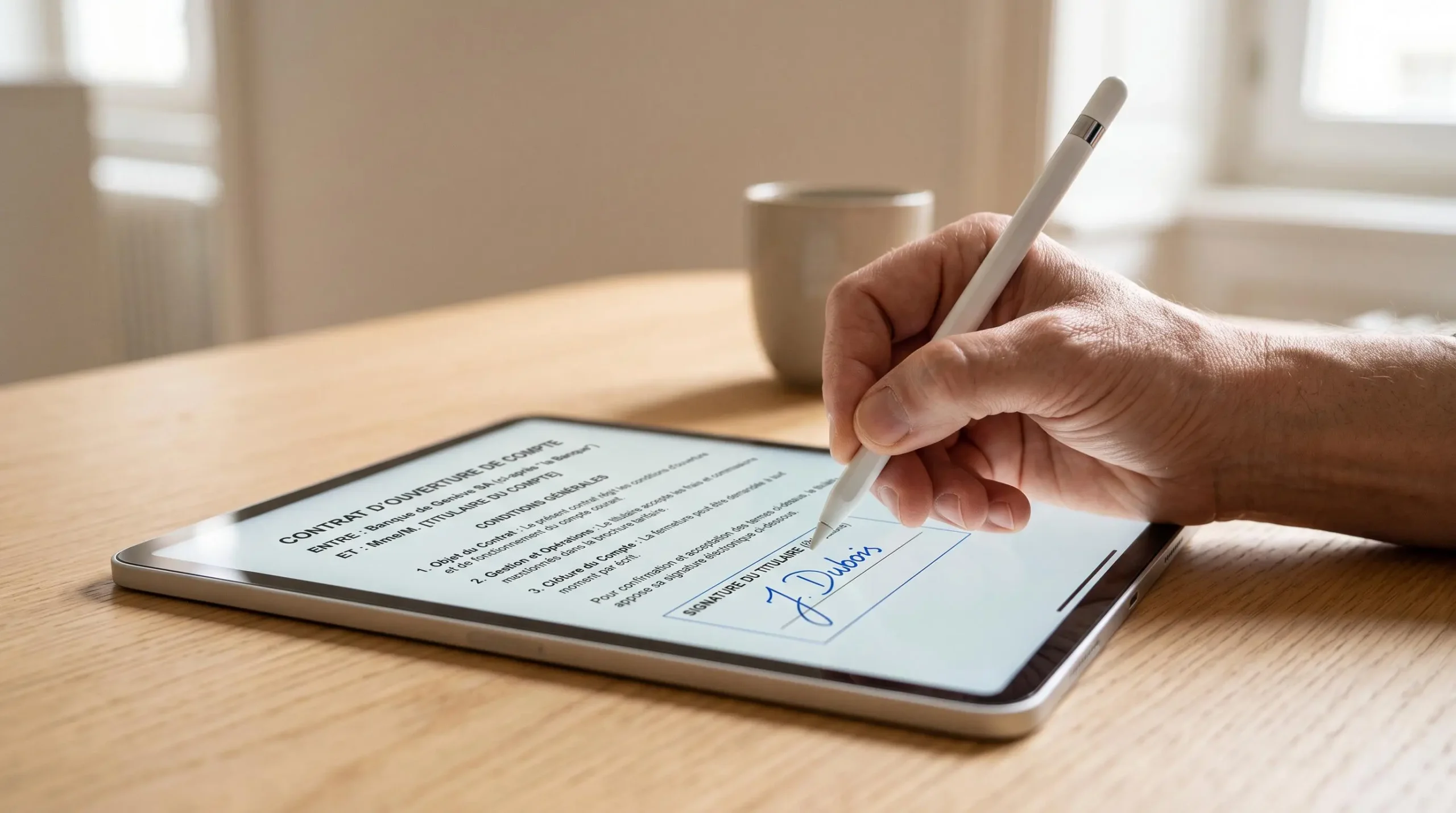Main signant électroniquement avec un stylet une convention de compte bancaire sur tablette, texte en français lisible à l'écran