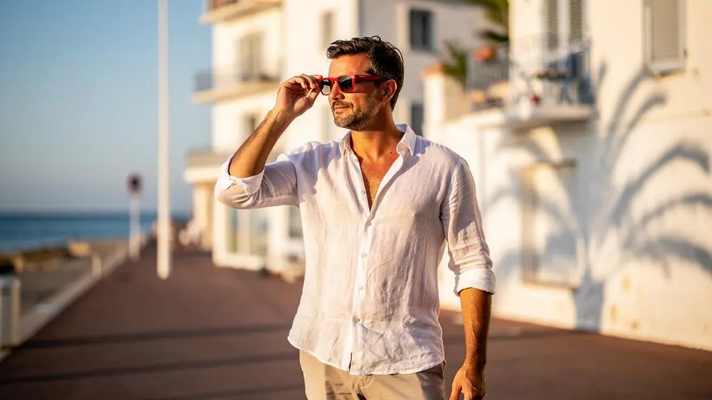 Un homme ajuste ses lunettes de soleil à monture rouge sur une promenade méditerranéenne ensoleillée.