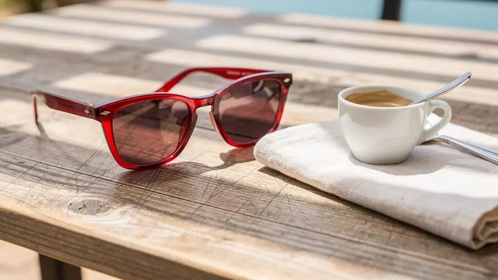 Des lunettes de soleil à monture rouge posées sur une table en bois de terrasse.
